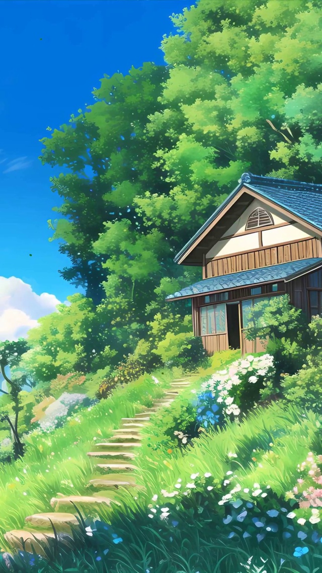 护眼白云树木河流