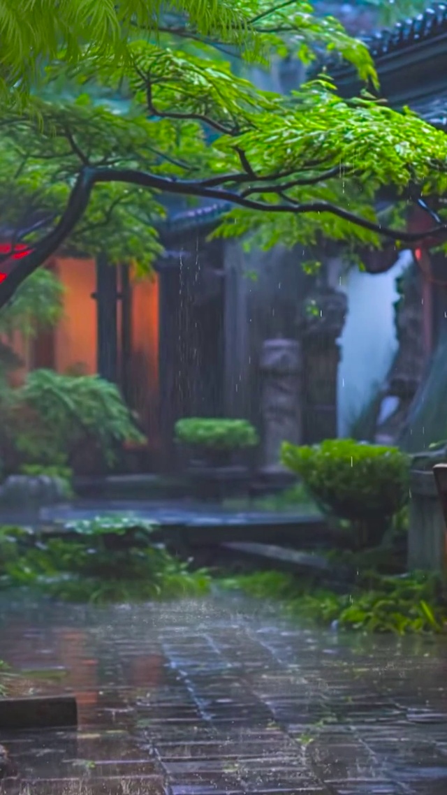 古风江南小院听雨
