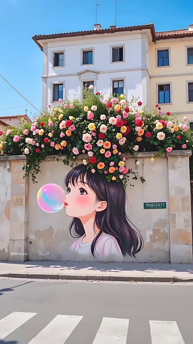 可爱吹泡泡女孩鲜花墙绘