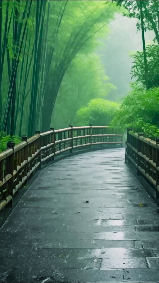 幽静雨天竹林小巷