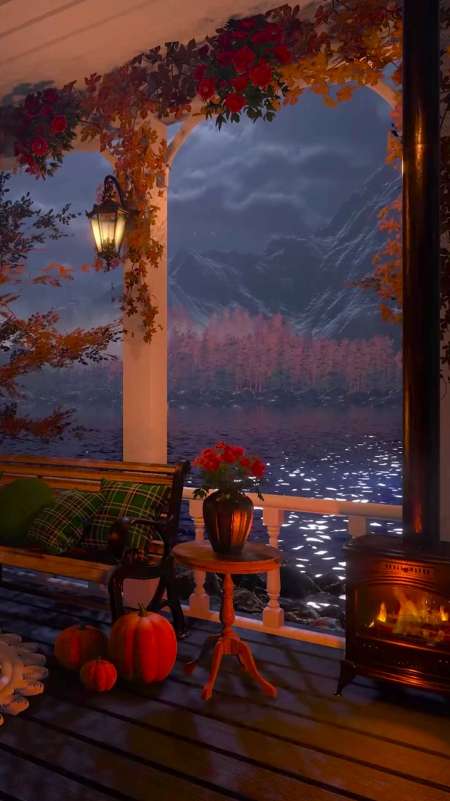 夜晚湖边落叶小屋