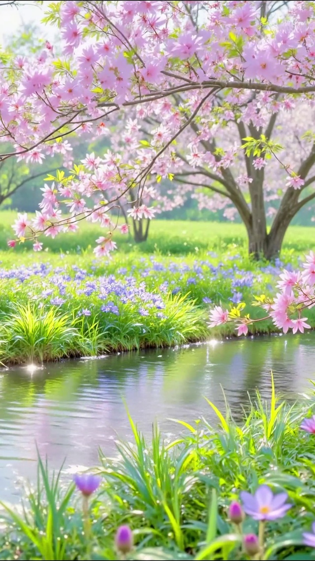 护眼春日溪边樱花林