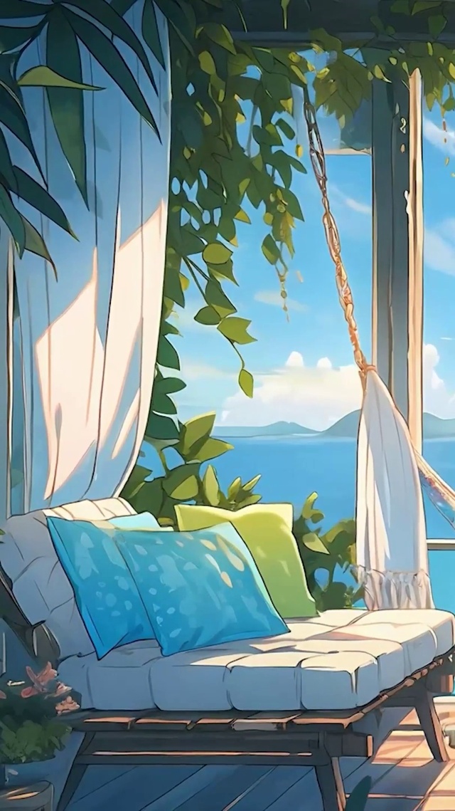 蓝天白云海景树木