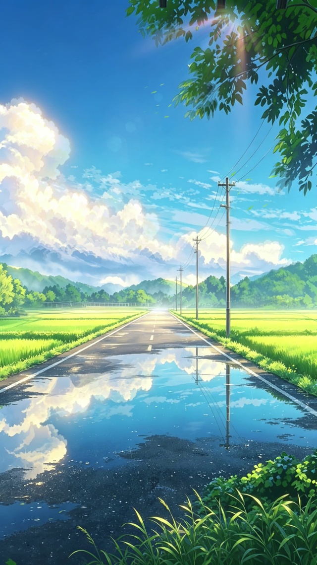 雨后初晴 蓝天白云倒影乡间小道