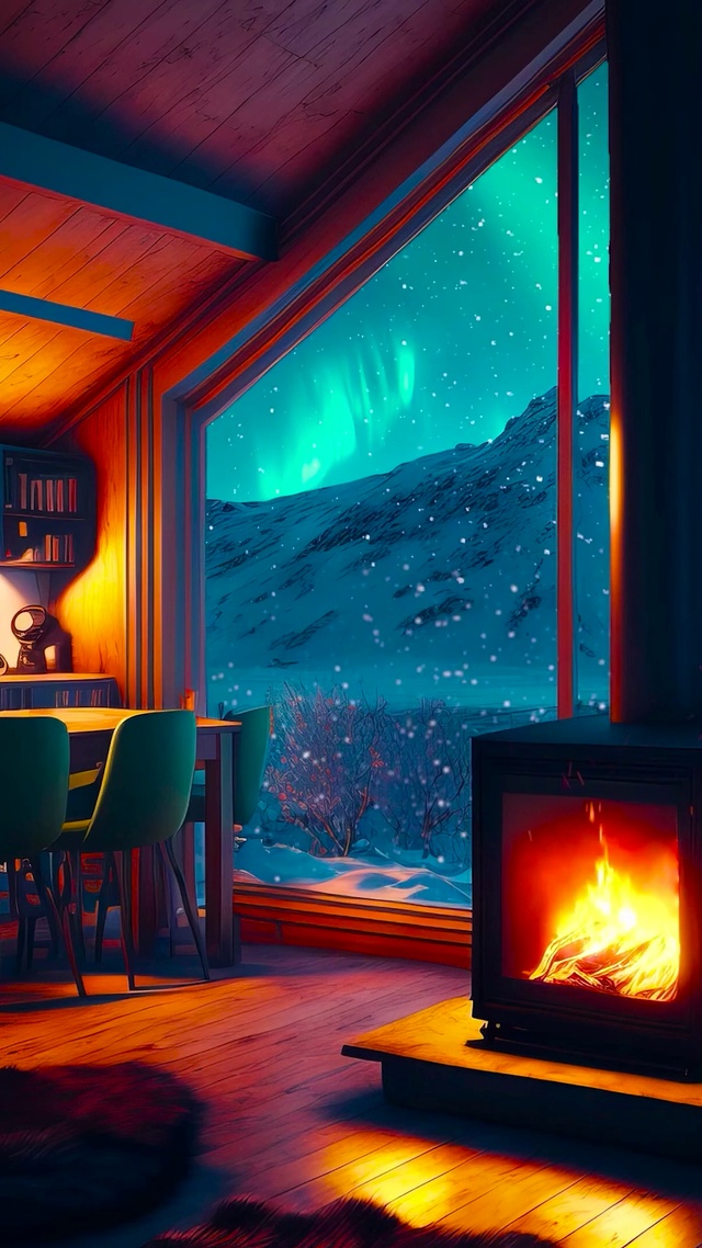 唯美极光雪夜木屋