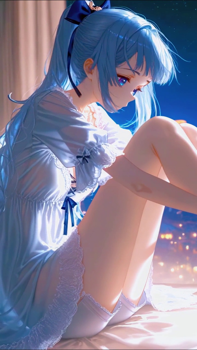 夜晚窗边蓝发美少女