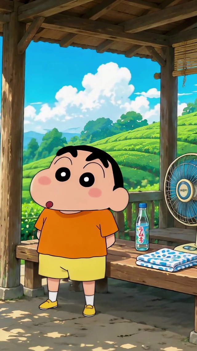 夏日茶田休憩的蜡笔小新