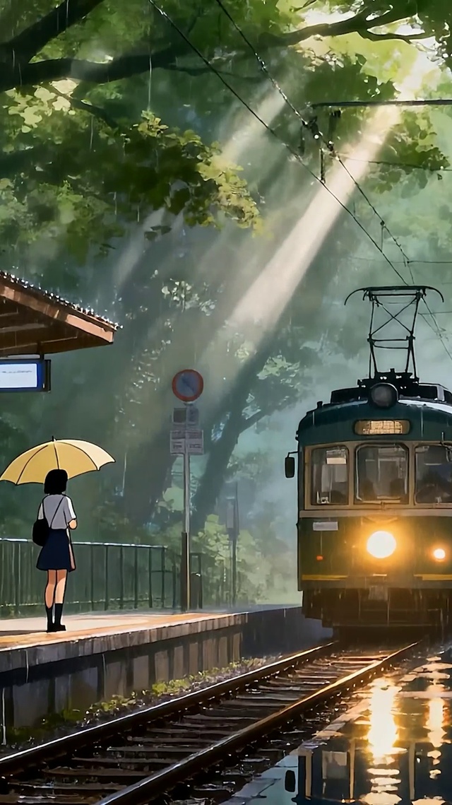 夜景雨天树木
