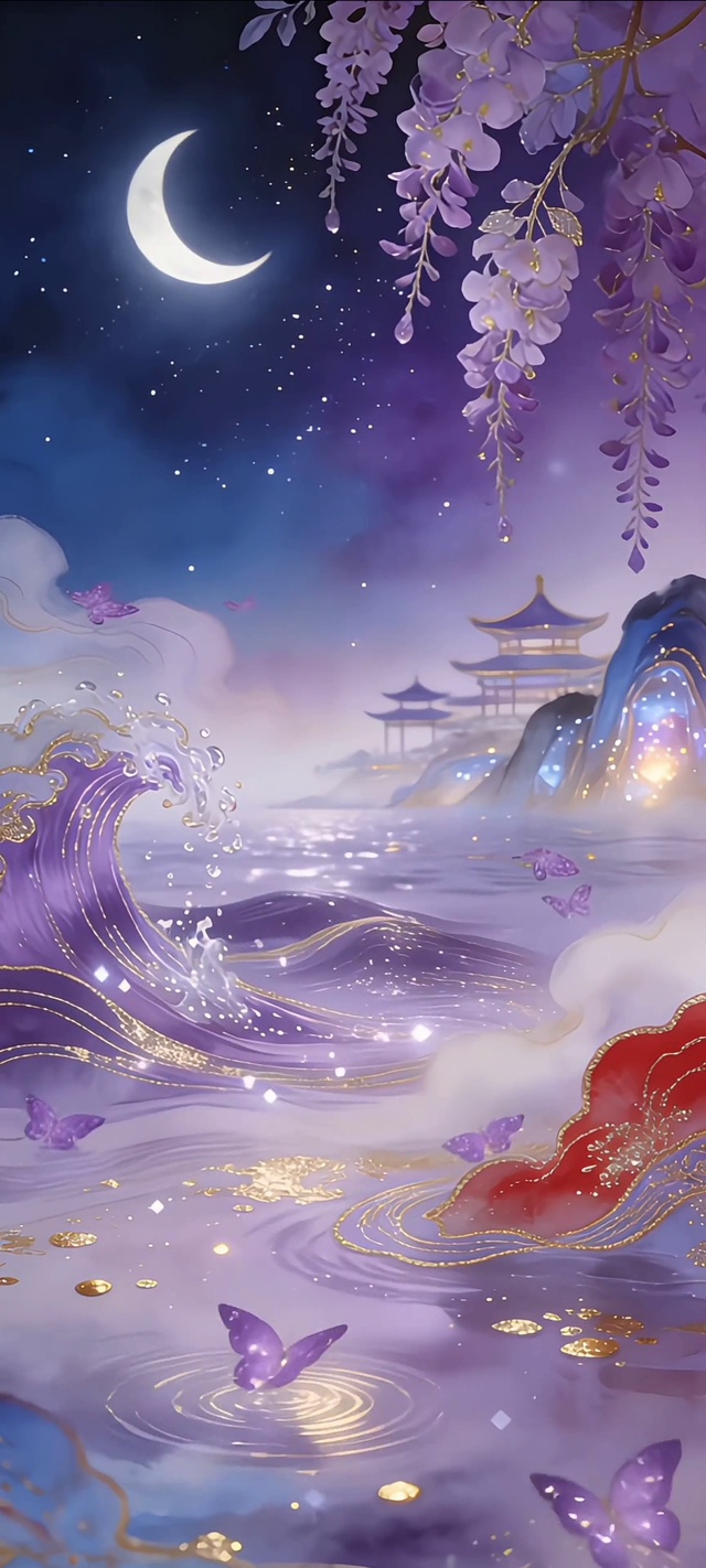 全屏深蓝鎏金梦幻国风夜景插画