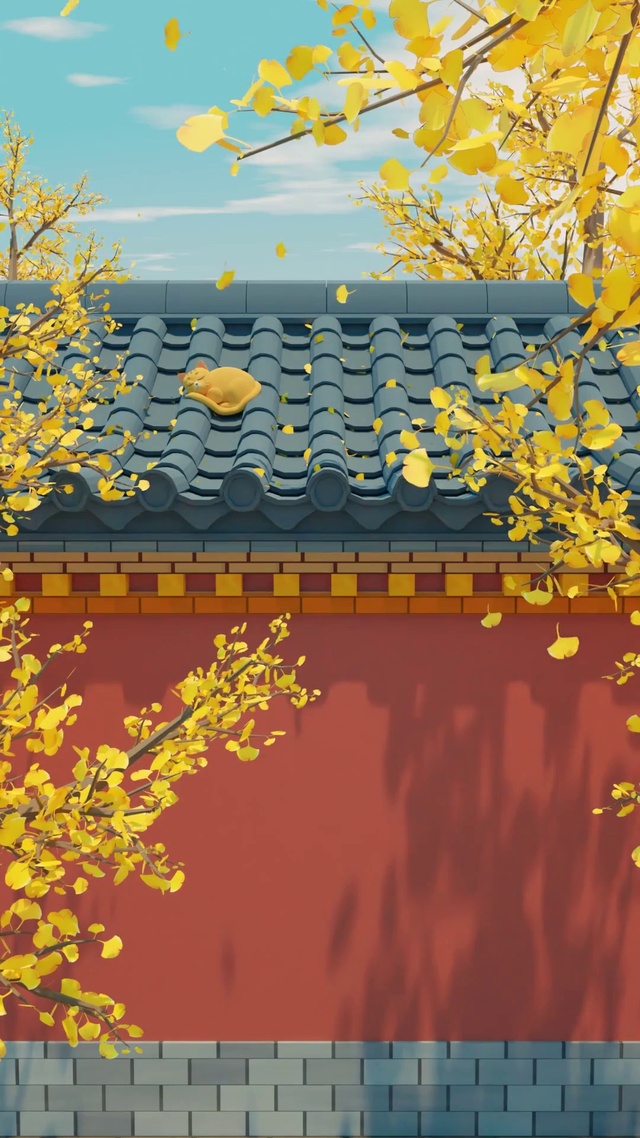 青瓦、红墙、银杏叶和小猫