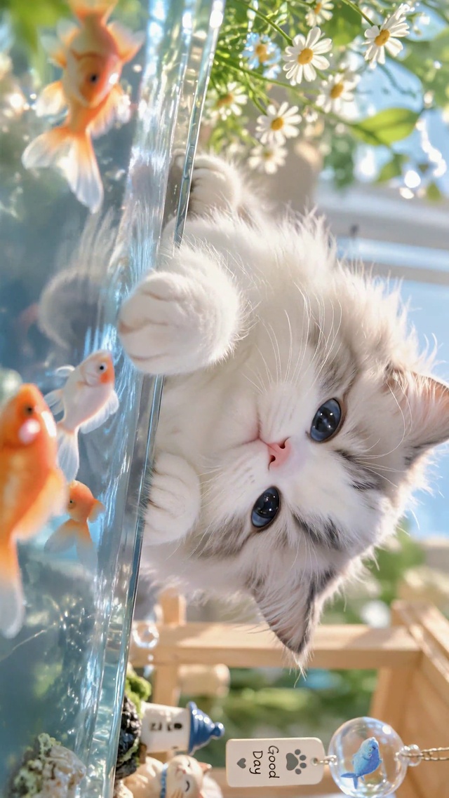 可爱萌猫觊觎鱼缸金鱼