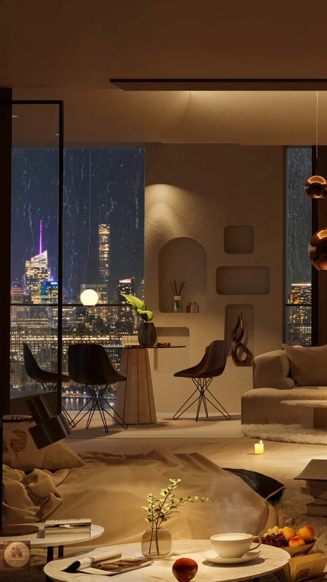 豪华公寓休息室里的城市之光