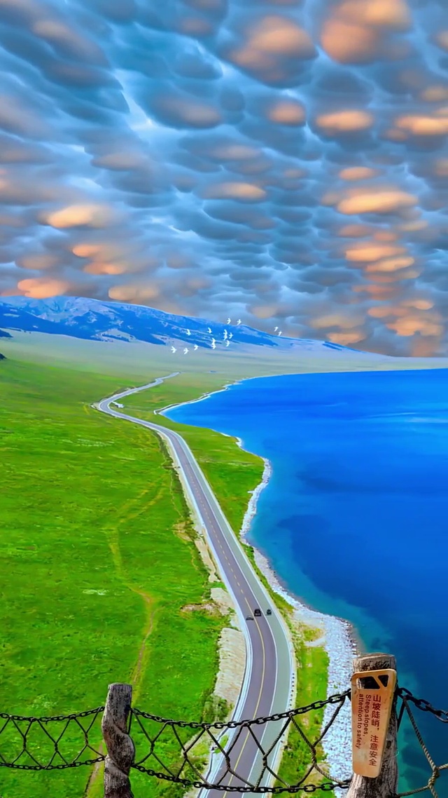 蓝天碧海绿草地