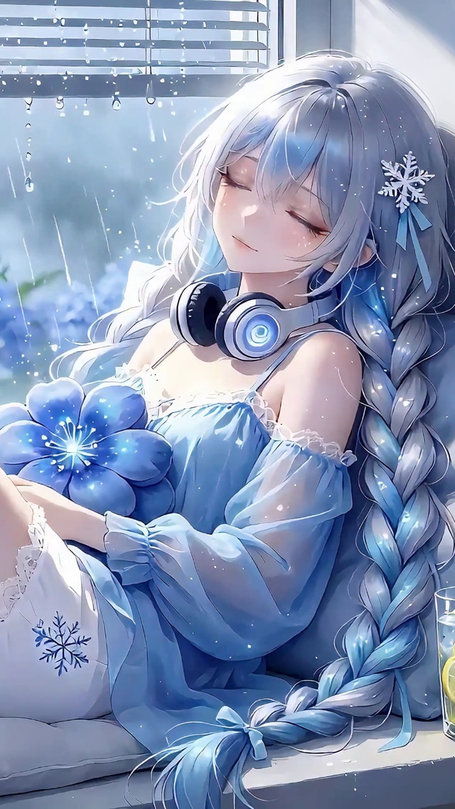 雨窗慵懒的银发麻花辫少女