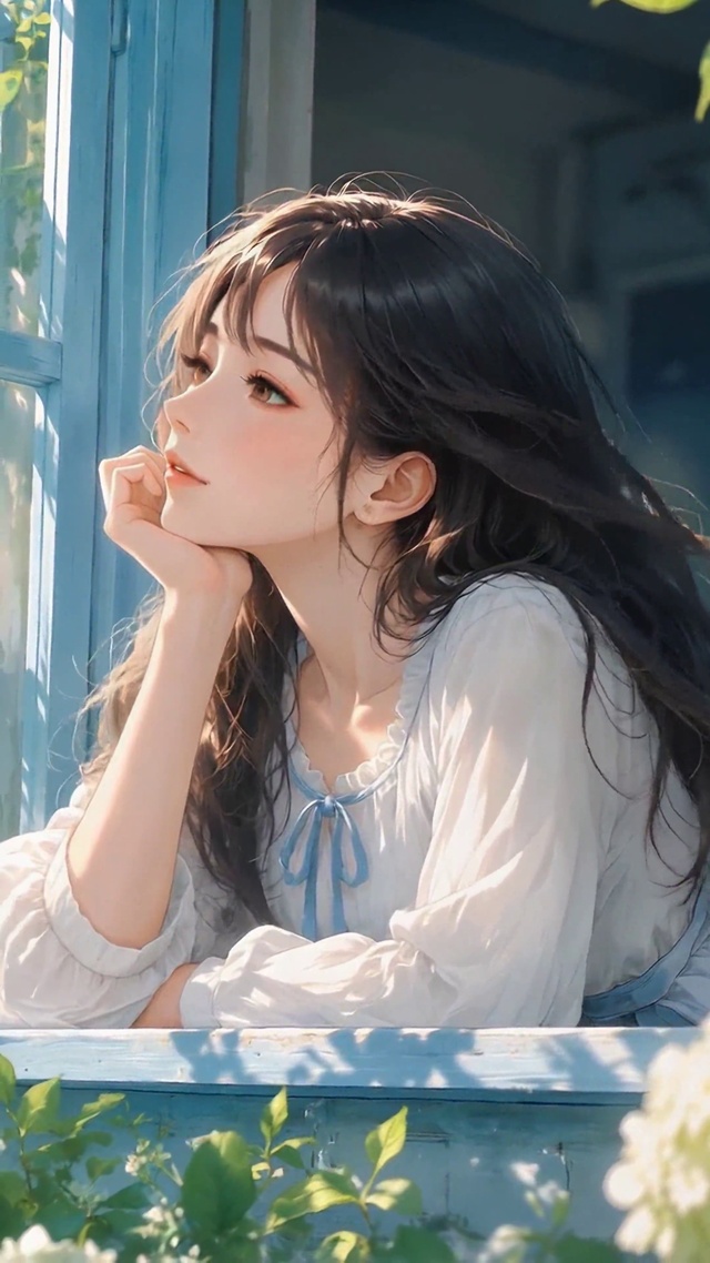 窗边托腮的治愈系美少女