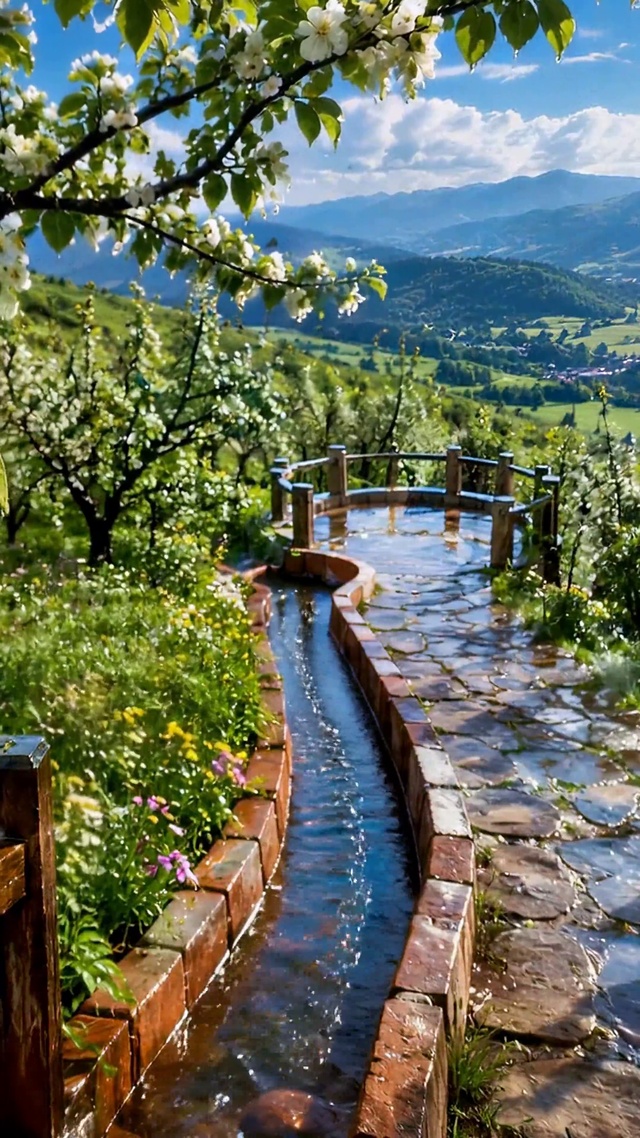 雨后山间花谷观景步道