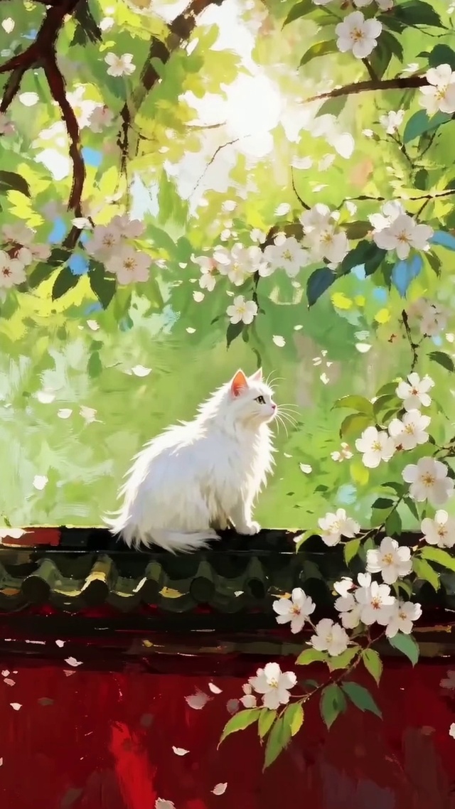 蹲在围墙上看风景的猫咪