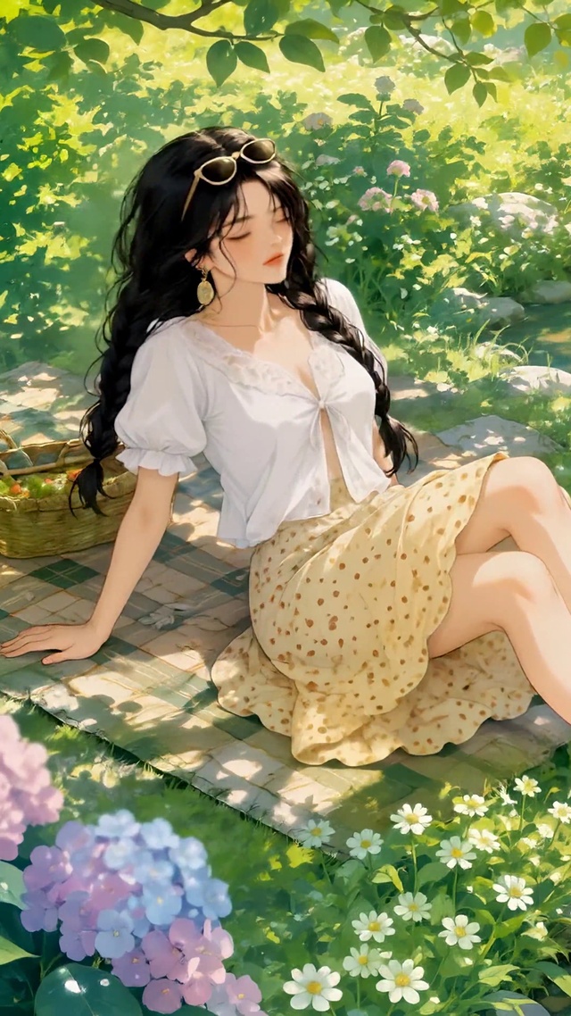 夏日溪畔野餐少女与橘猫