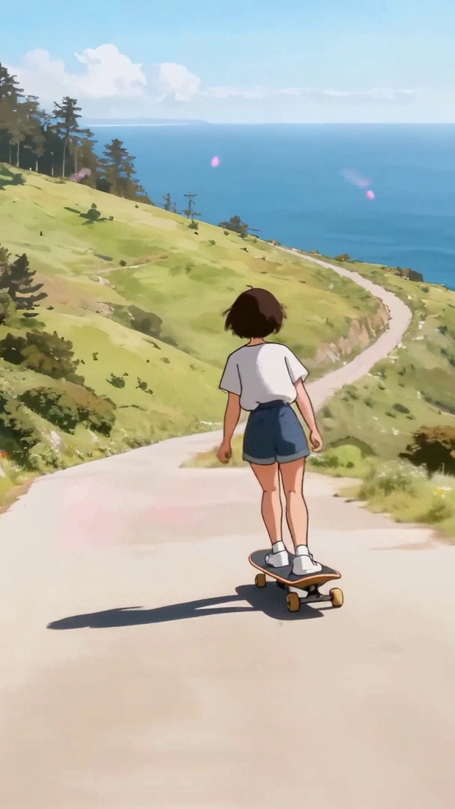 蓝海草道的滑板追光女孩治愈海岸