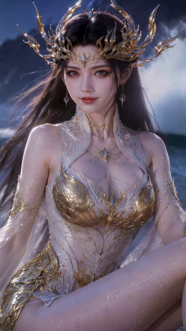 月夜海边鎏金女神