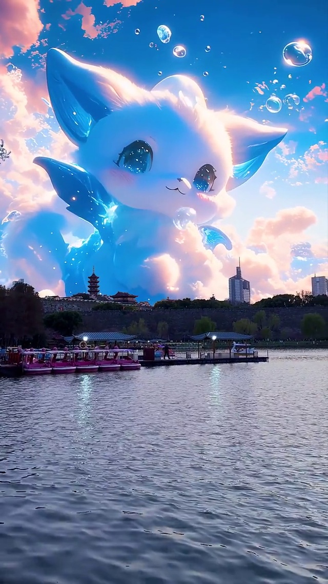 湖泊边天空上可爱的精灵