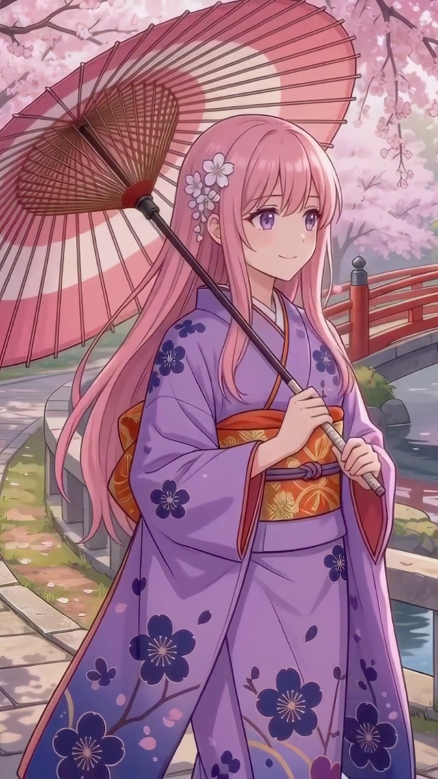 樱花树下的和服少女