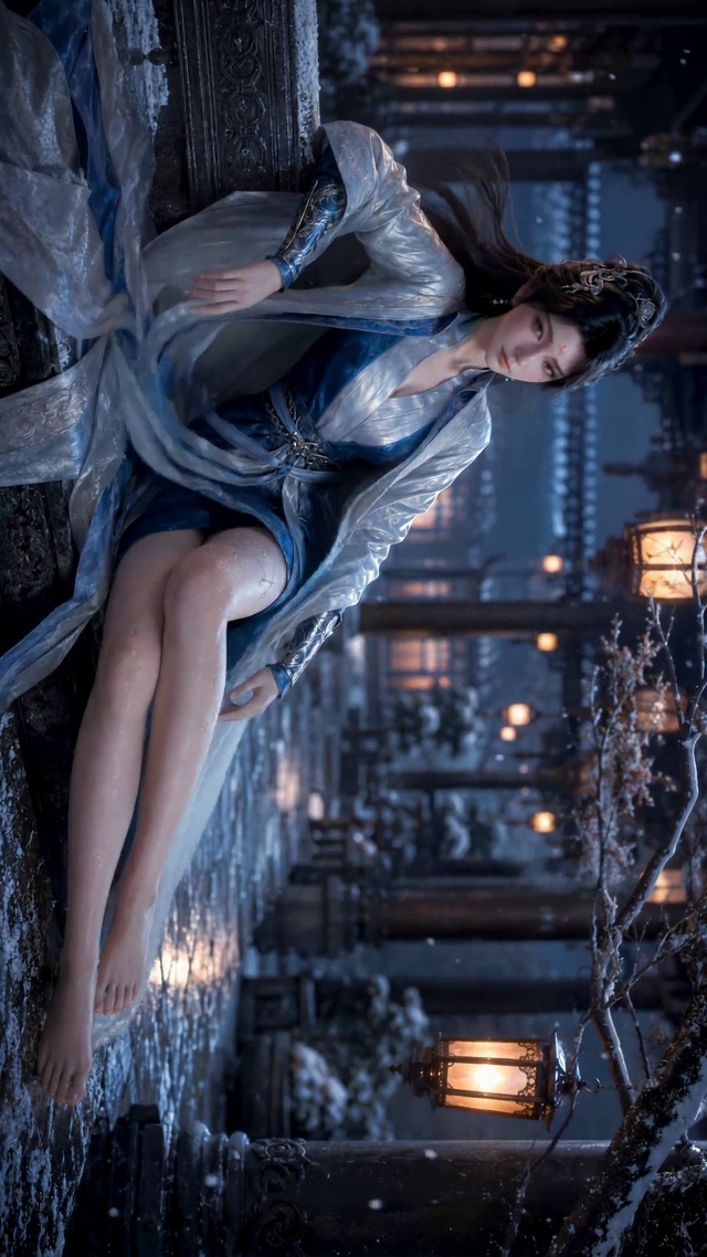 雪夜古风庭院蓝衣女神
