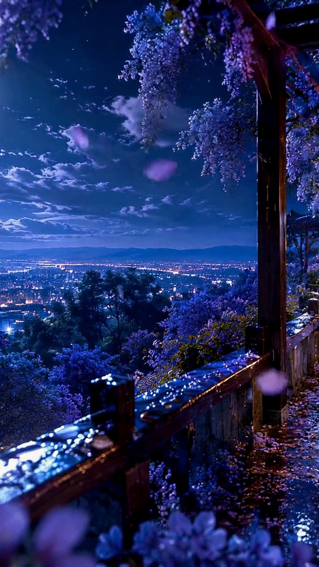 月夜紫藤花廊唯美夜景