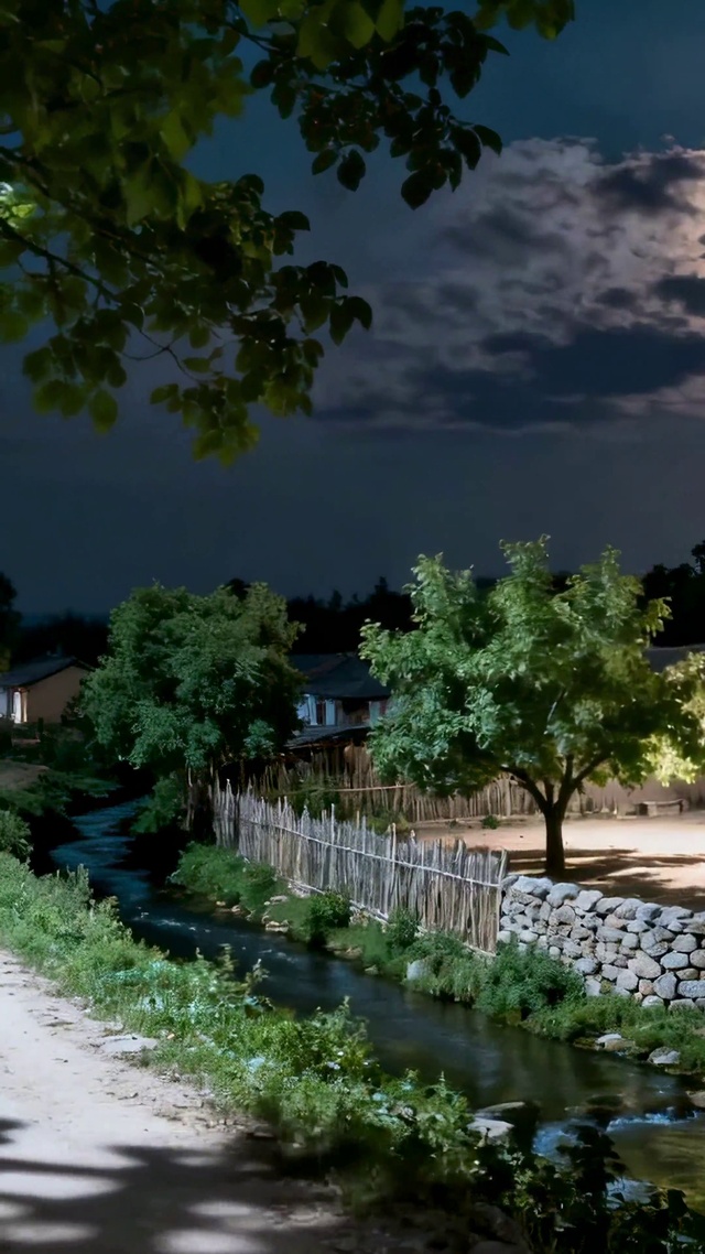 月夜静谧乡村田园风景