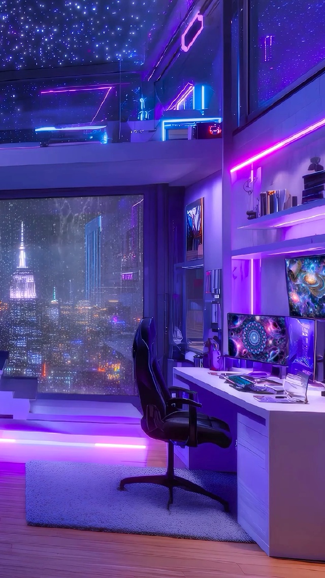 雨夜霓虹电脑房间