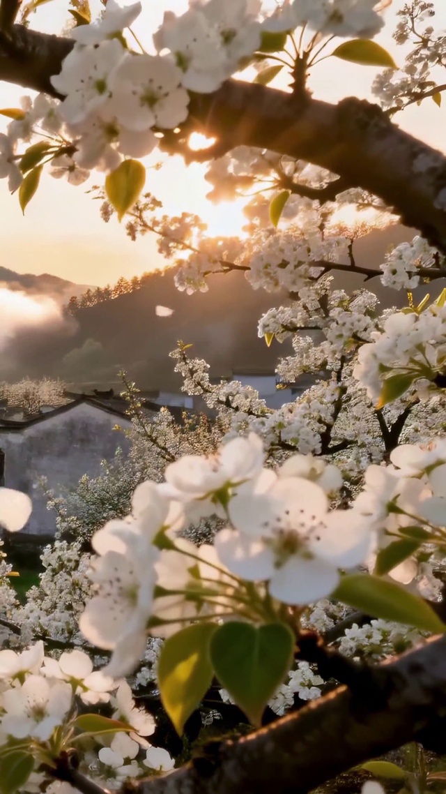 梨花环绕徽派古村春日晨景