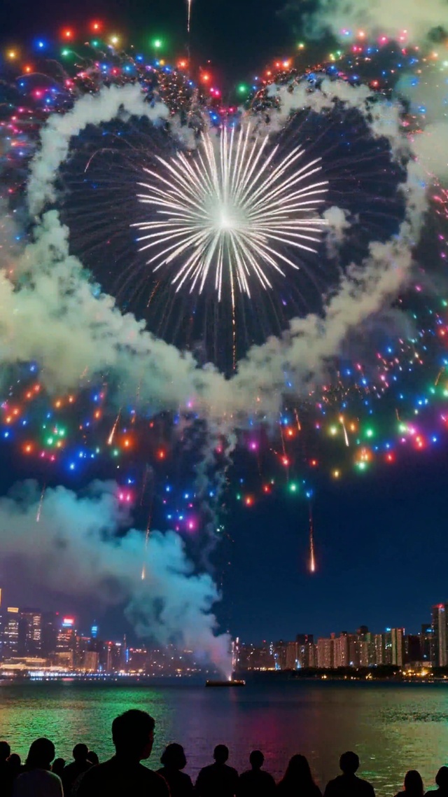 浪漫爱心烟花城市夜景