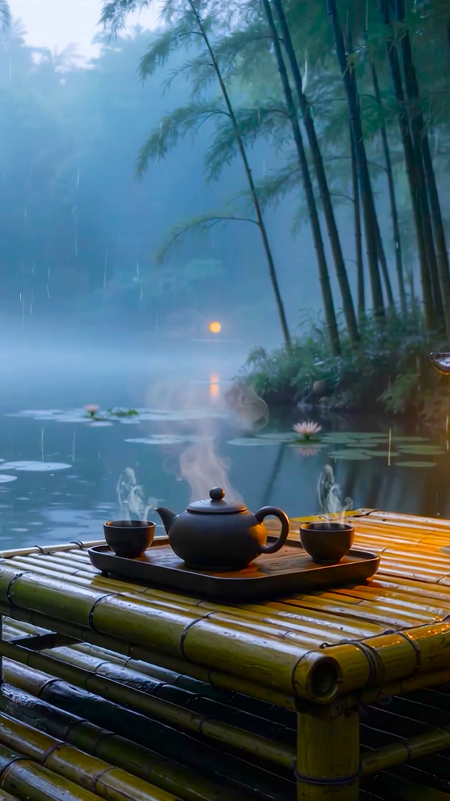 夏日雨天竹林荷塘