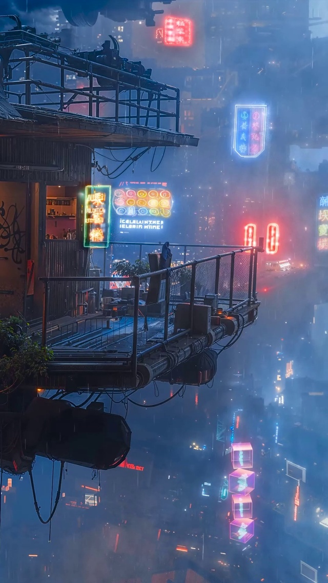 科幻雨夜未来城市阁楼 