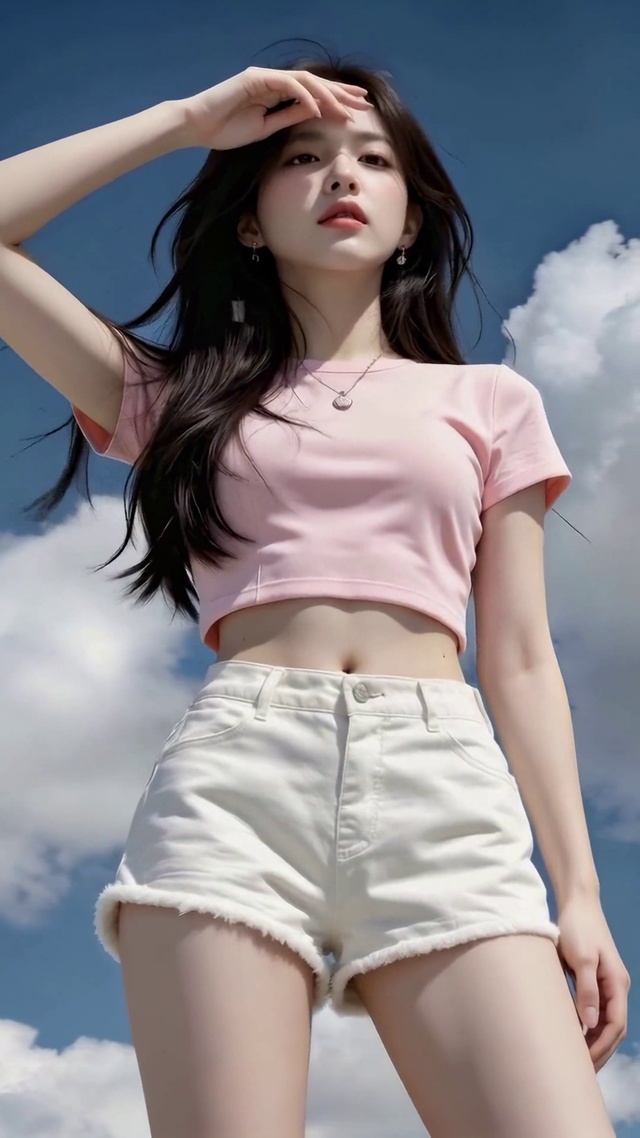 蓝天白云下的清纯美少女