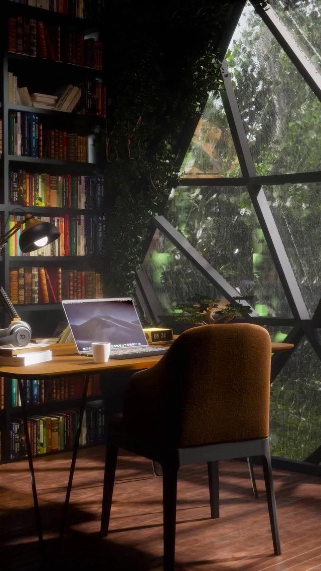 4K安静的雨天书房