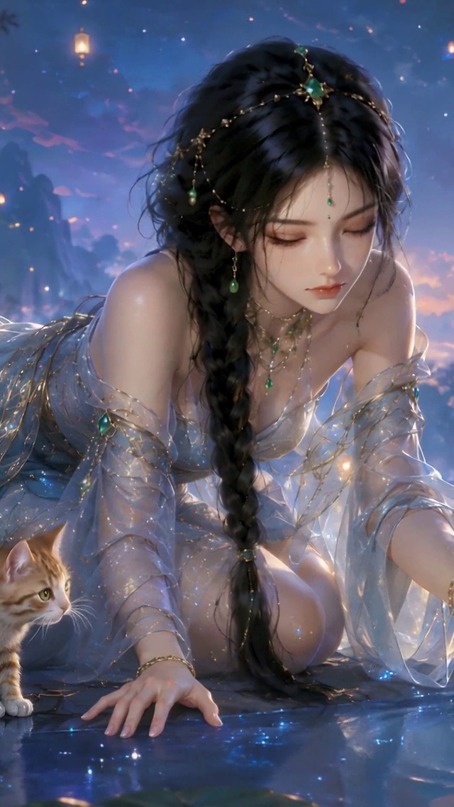星夜湖畔古风女神与橘猫