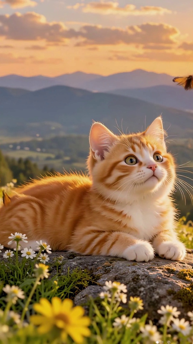 夕阳山巅花丛的软萌橘猫