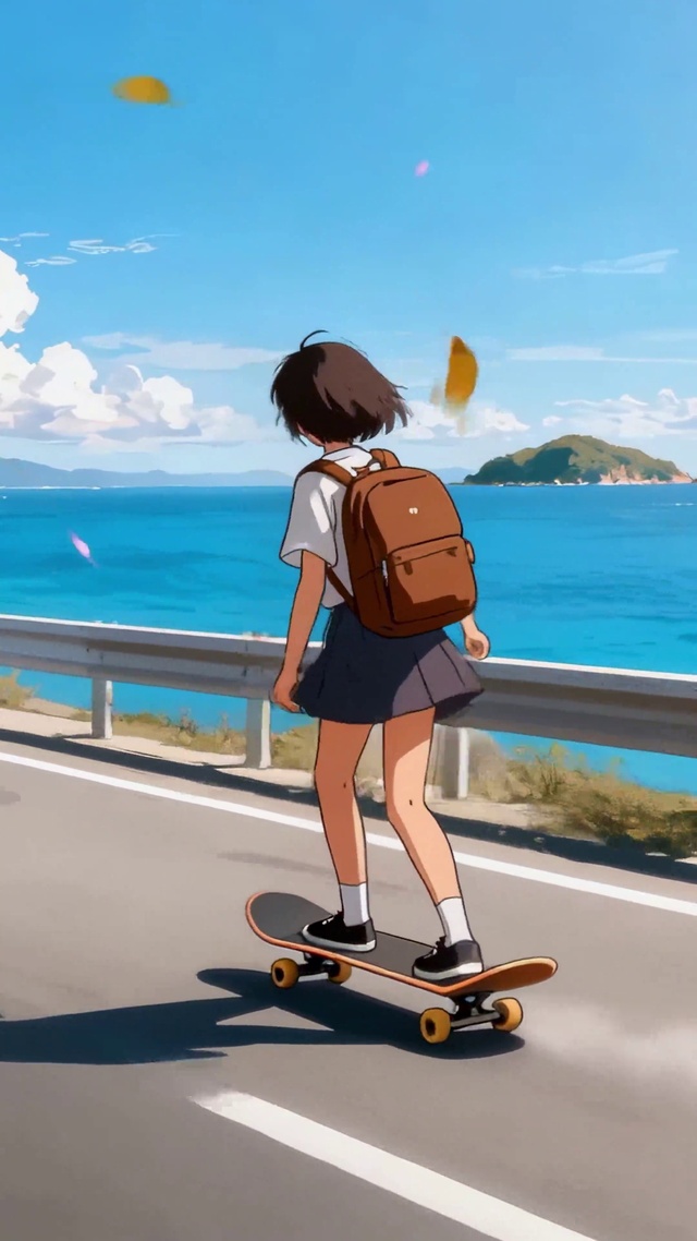 小清新动漫海滨公路滑板JK少女