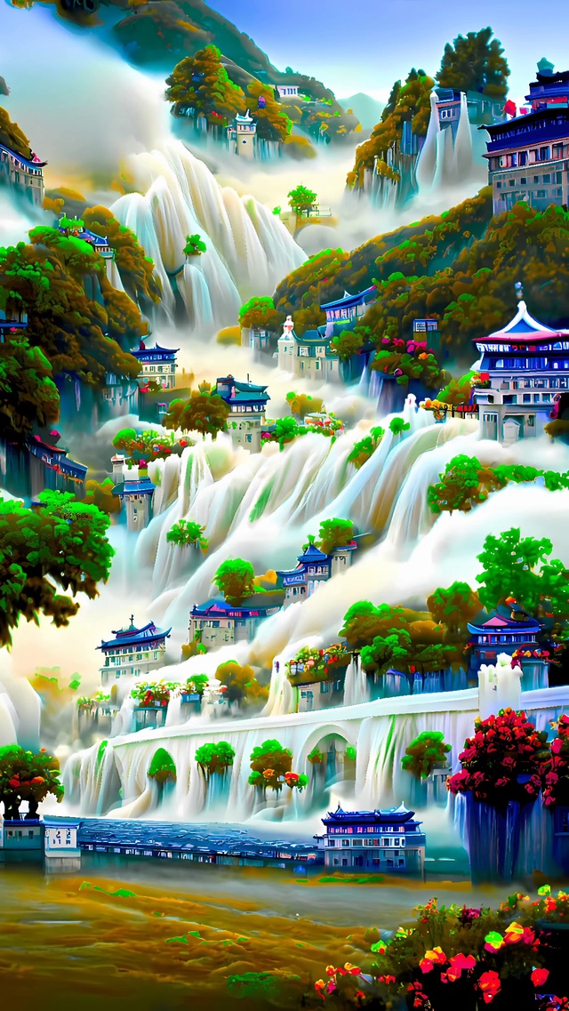 绿树叶白色瀑布