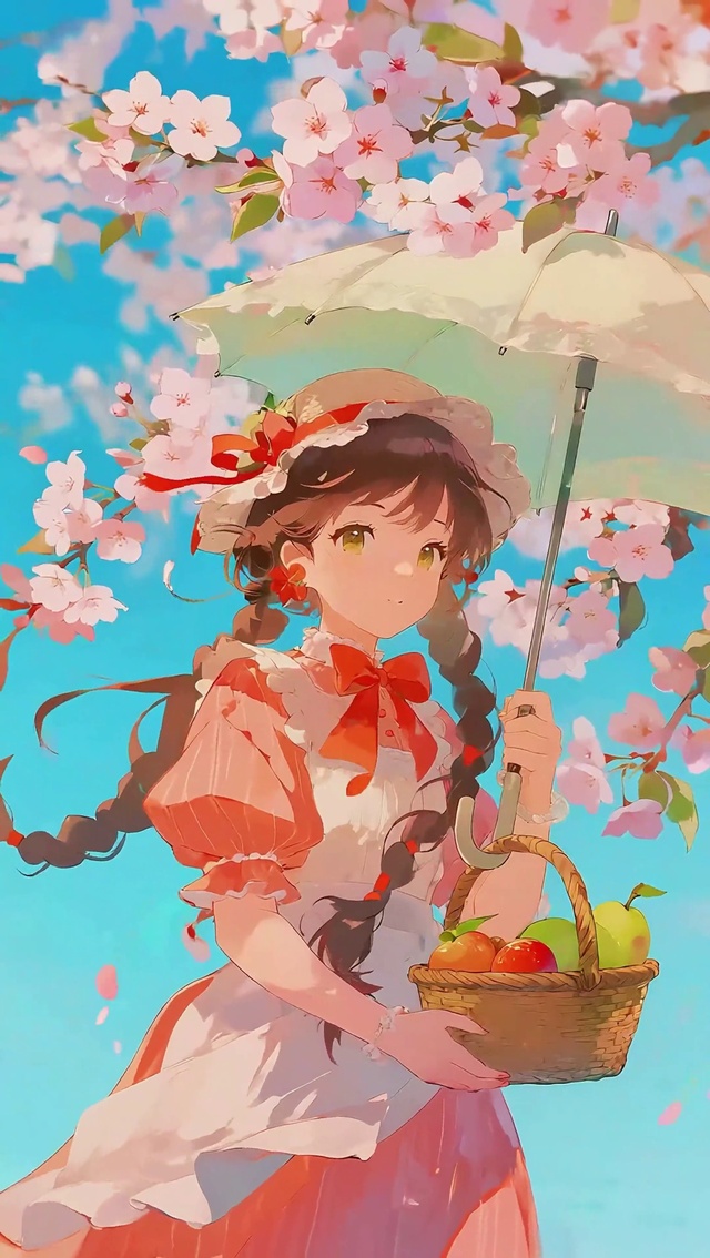 桃花下的草帽少女