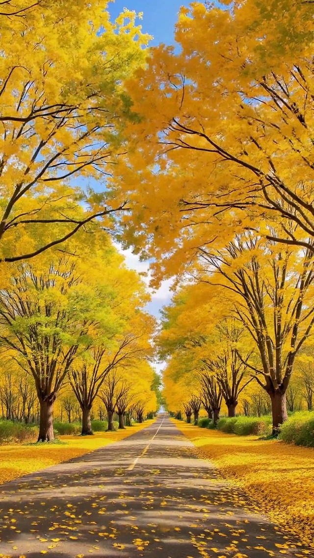 唯美秋日金黄林荫大道