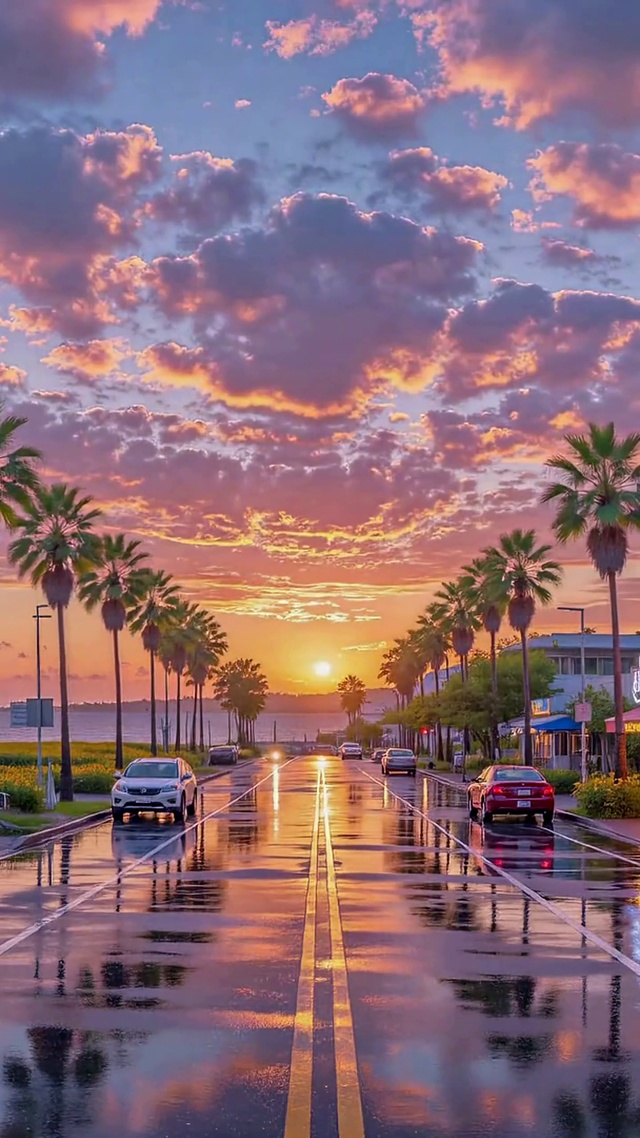雨后黄昏海滨公路治愈风景