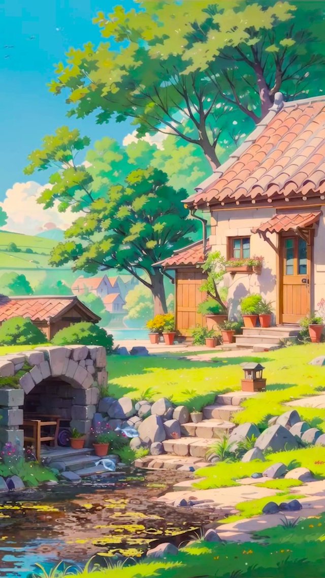 夏日溪边树林小屋