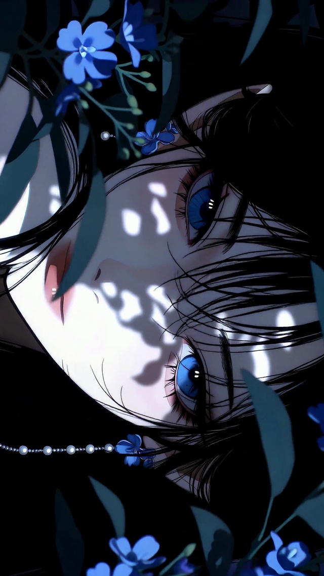 蓝花掩映美少女