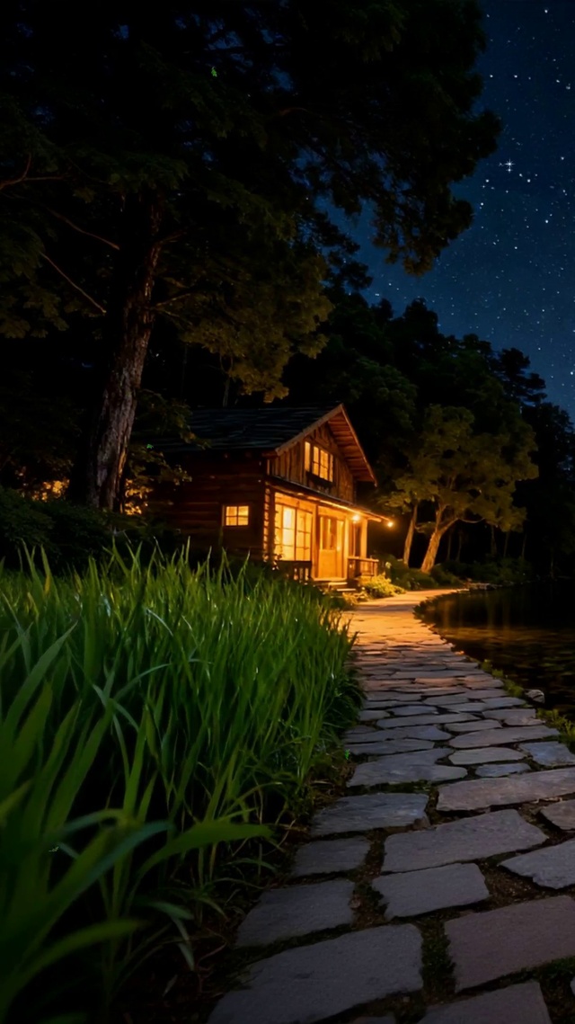 夜景树木河流