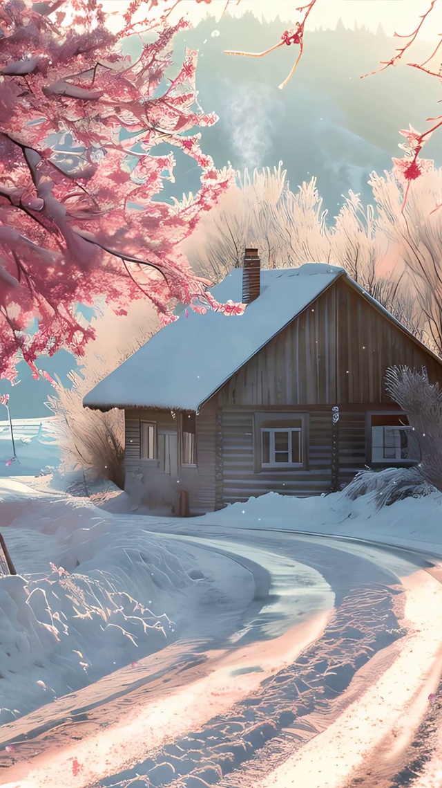 雪景樱花树木房屋