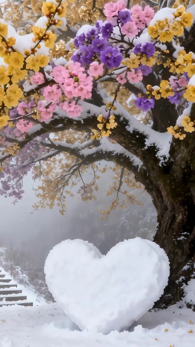 爱心雪景大树雪天唯美场景