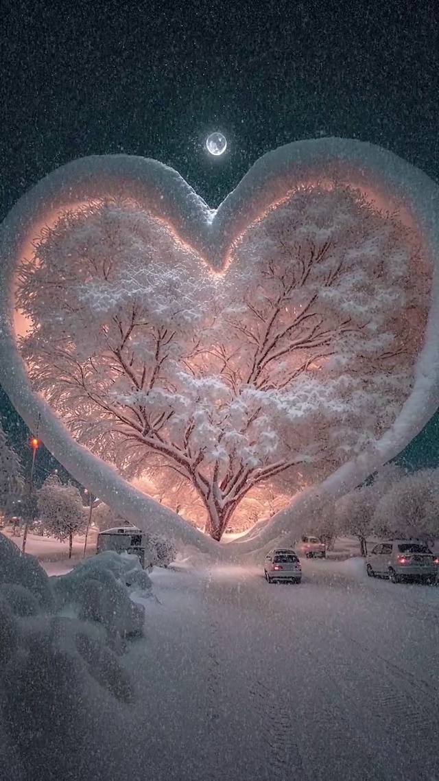 浪漫爱心树雪景