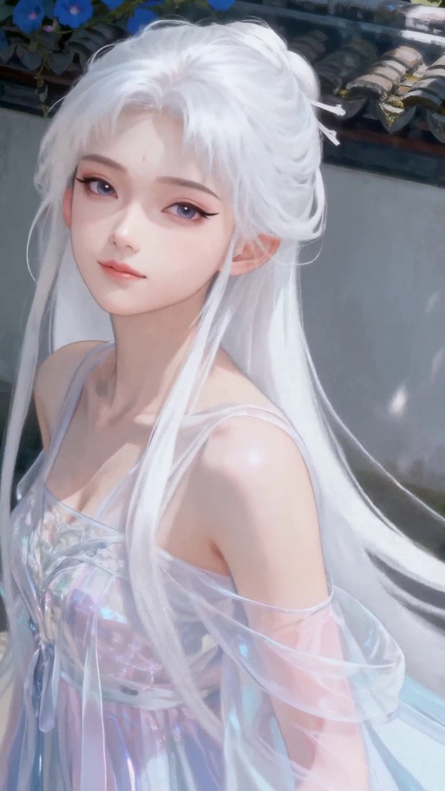 古风庭院白发清纯美少女